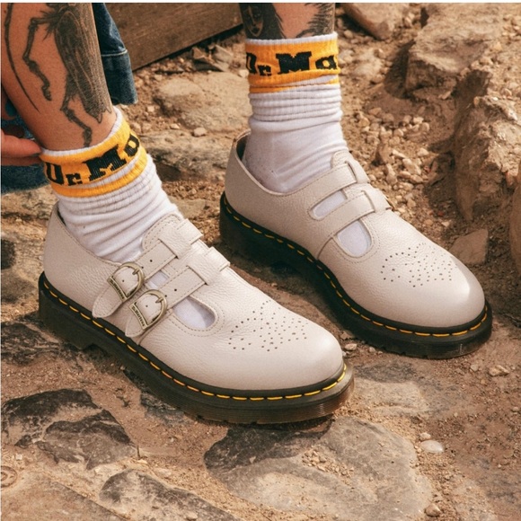 Dr. Martens Shoes - Parchment Beige Virginia Leather 8065 Mary Janes 10